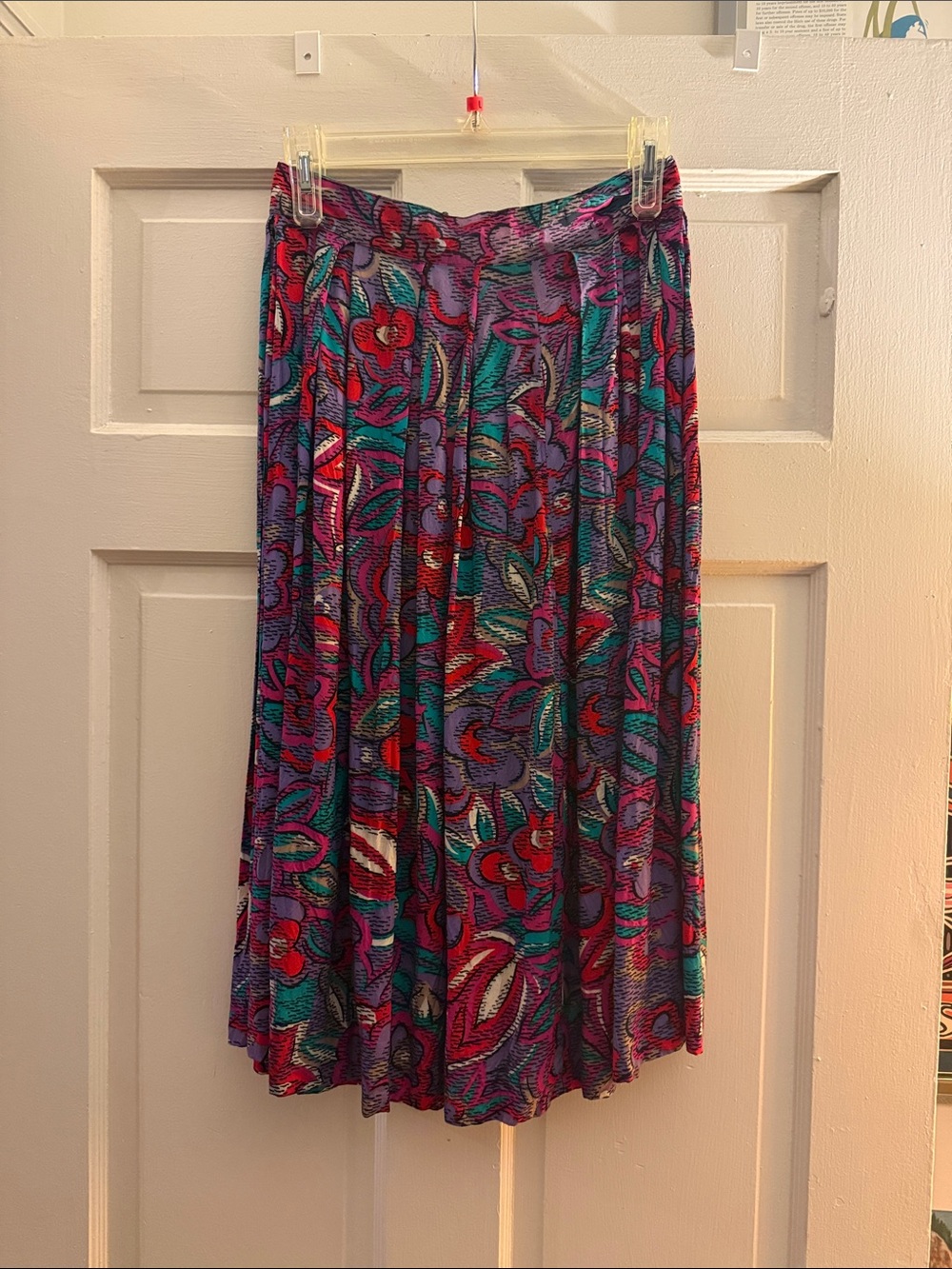 St. John Vibrant Floral Pleated Midi Skirt in Purple, Teal, and Red
